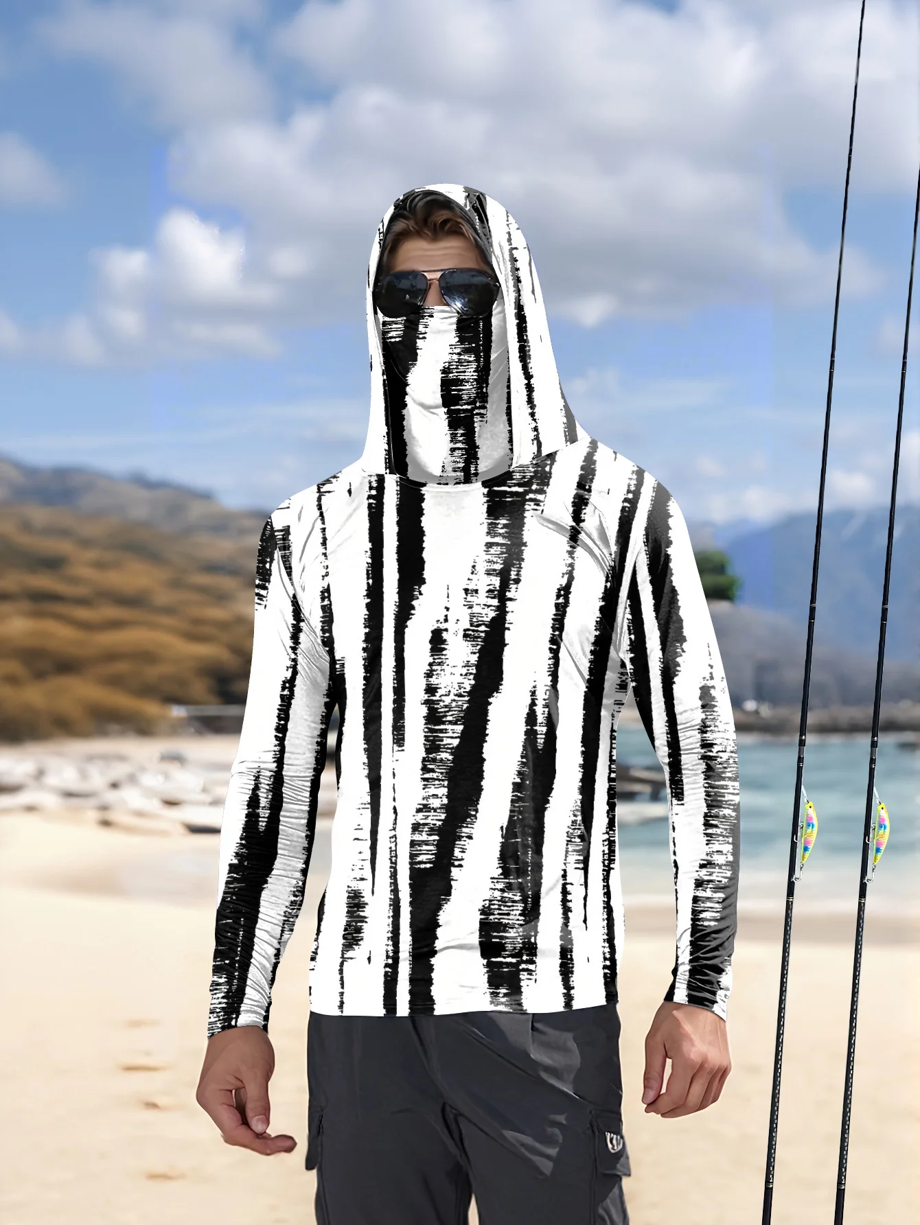 Men Black‑White Stripe Fishing - Fishing Mask Sun Protection 评论和价格