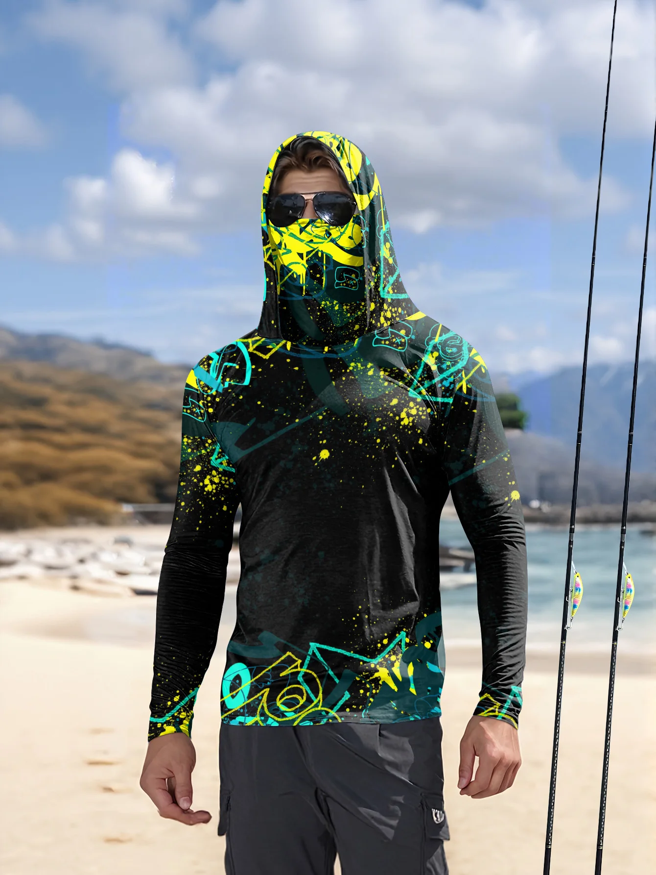 Men UPF50+ Fishing Hoodie With - Fishing Mask Sun Protection 评论和价格